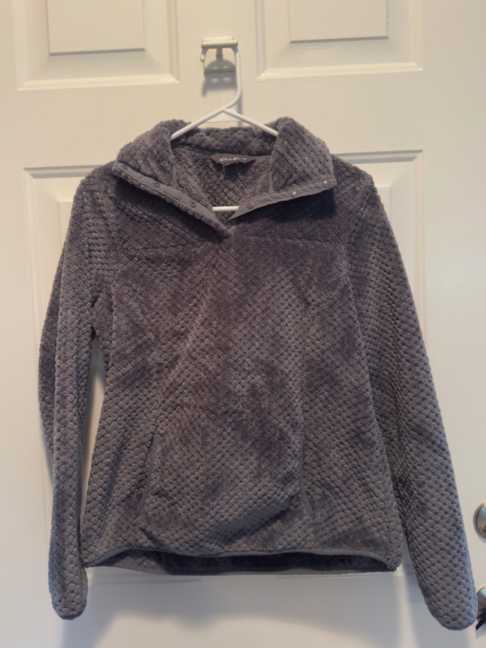 Eddie Bauer Plush Gray Snap Button Teddy Jacket/Pullover with Kangaroo Pocket